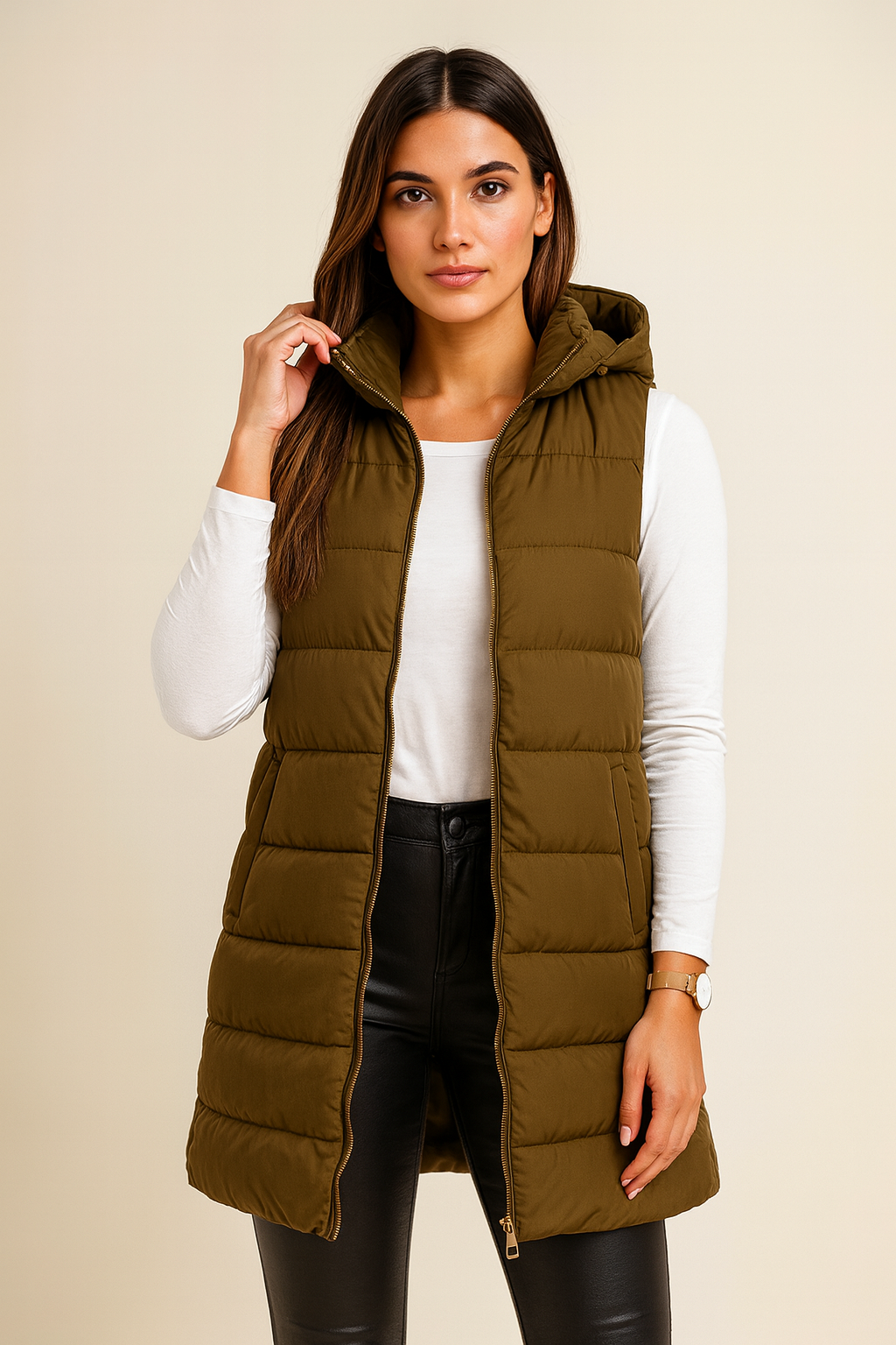 ELENA | VESTE LUNGA PUFFER SENZA MANICHE CON CAPPUCCIO