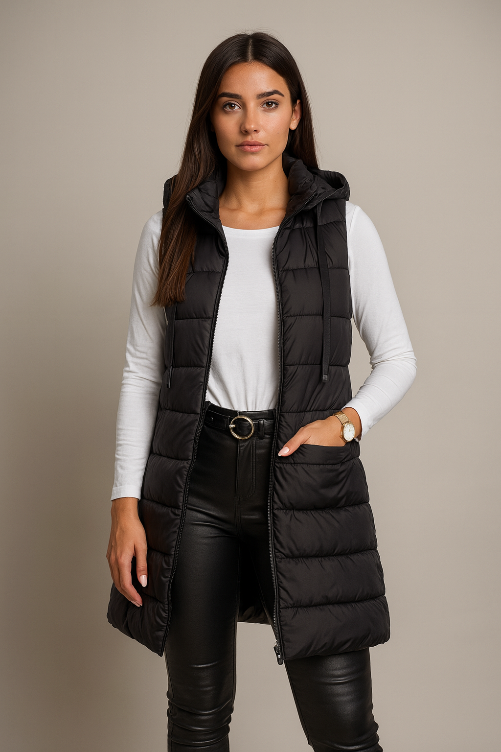ELENA | VESTE LUNGA PUFFER SENZA MANICHE CON CAPPUCCIO