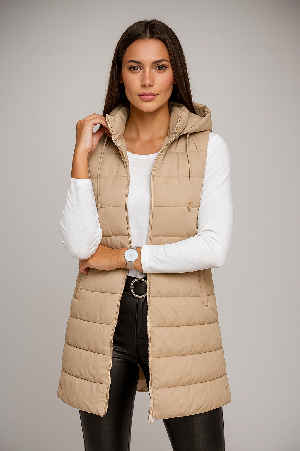 ELENA | VESTE LUNGA PUFFER SENZA MANICHE CON CAPPUCCIO